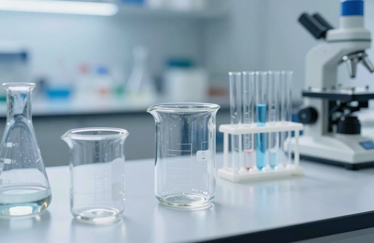 A collection of sterile laboratory glassware including beakers and test tubes on a white polished bench in a North American science lab, clear and light blue color palette.