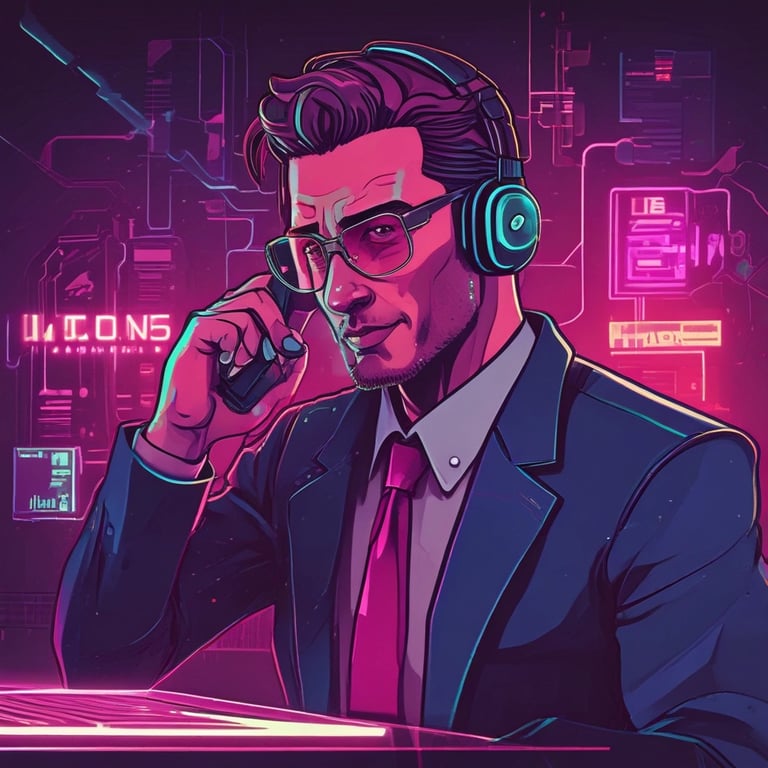 A glowing neon dashboard displaying call routing paths in vibrant sunrise gradients.