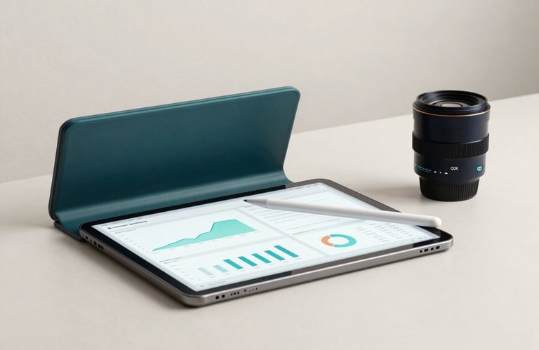 A professional desk setup featuring a tablet with a data analysis chart and a stylus. The background is a clean, off-white wall. The composition is minimalist and high-end, using deep teal and dark navy elements in the equipment.