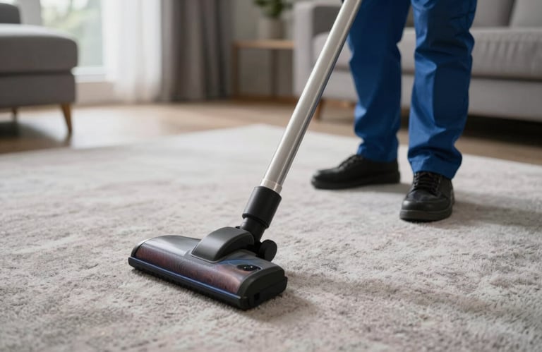 Photography of a professional cleaner vacuuming a high-end carpet in a modern Essex residence, focused on efficiency and care, soft natural lighting, light gray and steel blue palette.