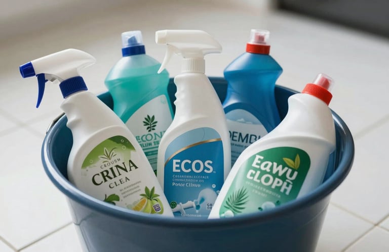 Close-up of a collection of professional eco-friendly cleaning supplies in a steel blue bucket, organized and ready for use, set against a pristine white tiled floor, Northern European style.