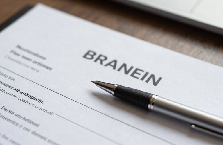 A macro shot of professional business documents and a modern pen on a clean surface, emphasizing precision and detail in a Brazilian corporate office, natural lighting.