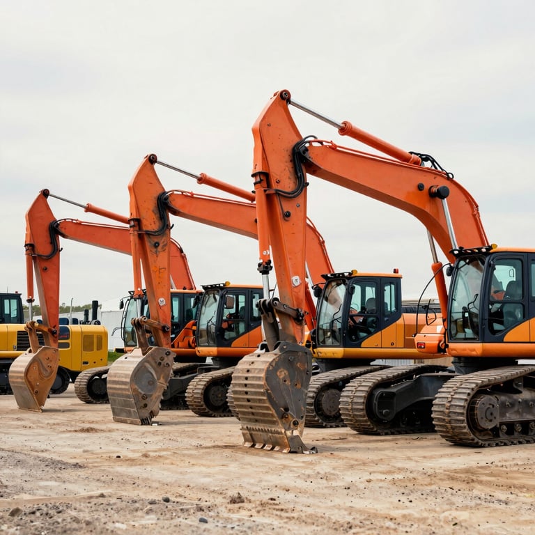 A professional commercial photograph of a fleet of well-maintained heavy machinery, including backhoes and loaders, lined up in a clean equipment yard in North America. The palette features industrial orange and steel blue against an off white sky.