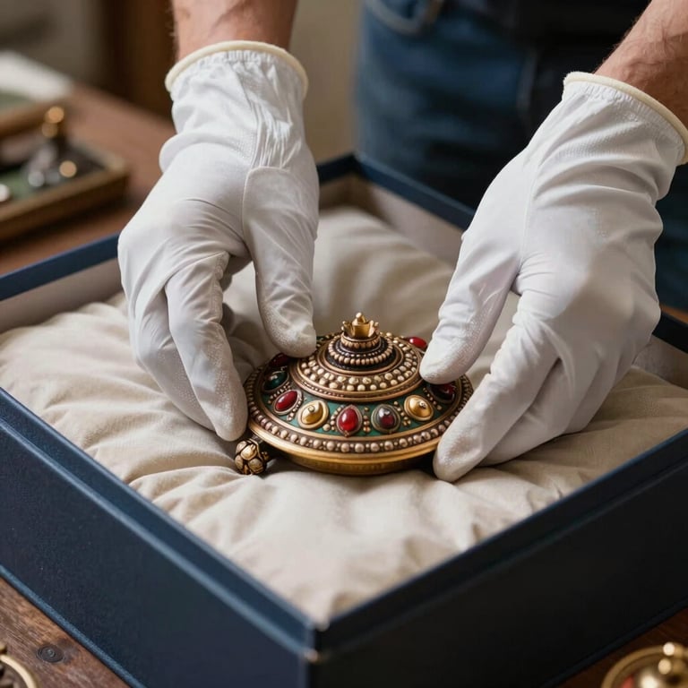 A macro shot of a mover's hands wearing professional white safety gloves, carefully placing a fragile South Asian decorative item into a cushioned, blue-lined box. High focus on care and safety.