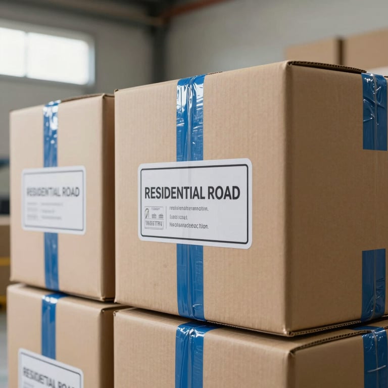 A close-up photograph of several heavy-duty cardboard boxes stacked in a clean, modern Indian warehouse. The boxes are sealed with strong blue tape and labeled clearly for residential relocation.