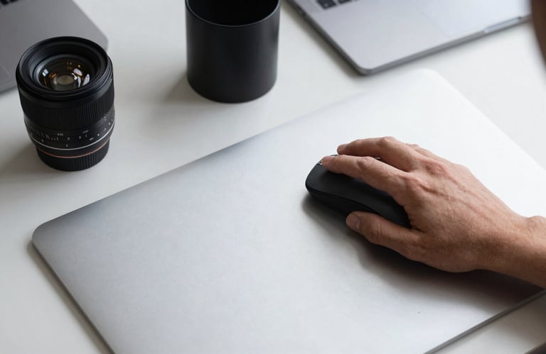 An overhead shot of a person using a high-precision mouse on a clean, soft silver desk pad. Minimalist office supplies in charcoal black are arranged neatly.