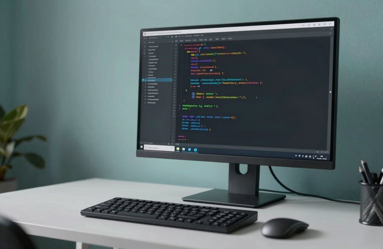 A sharp, detailed photograph of a clean, minimalist workstation with an focus on code displayed on a monitor. Charcoal black and soft silver color palette with modern teal lighting.