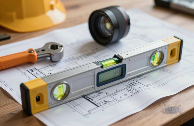 A detailed shot of civil engineering tools, a digital level, and blueprints on a wooden desk, soft natural light, professional and precise atmosphere.