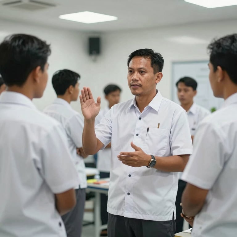 A South East Asian / Indonesian team leader in a white uniform conducting a professional training session for a group of workers in a clean, modern facility.