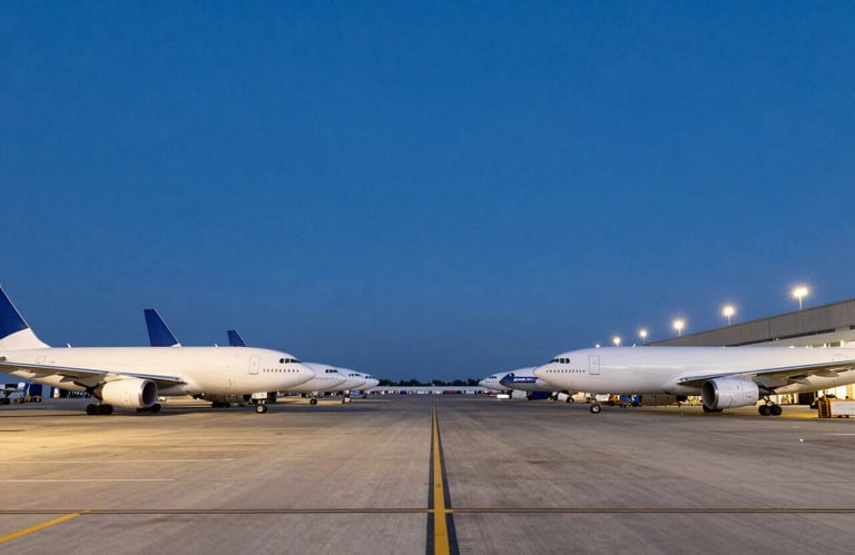 A logistics hub in a North American / US environment with multiple cargo planes lined up on the tarmac under a deep blue evening sky. The composition is symmetrical and professional.