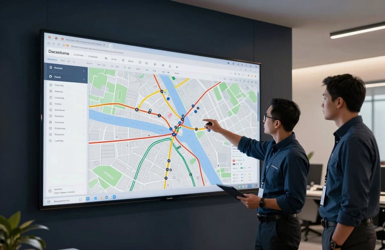 Logistics professionals in a modern North American / US office setting reviewing digital route maps on large high-definition screens in a dark navy and soft off-white room.