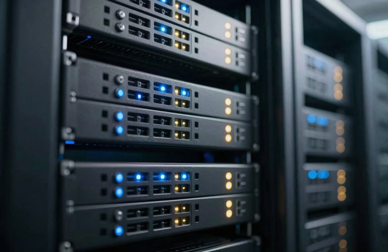 A high-tech server rack in a dark data center with glowing blue and gold status lights. Macro shot, shallow depth of field, futuristic tech style using #2C3E50 and #B8A066.