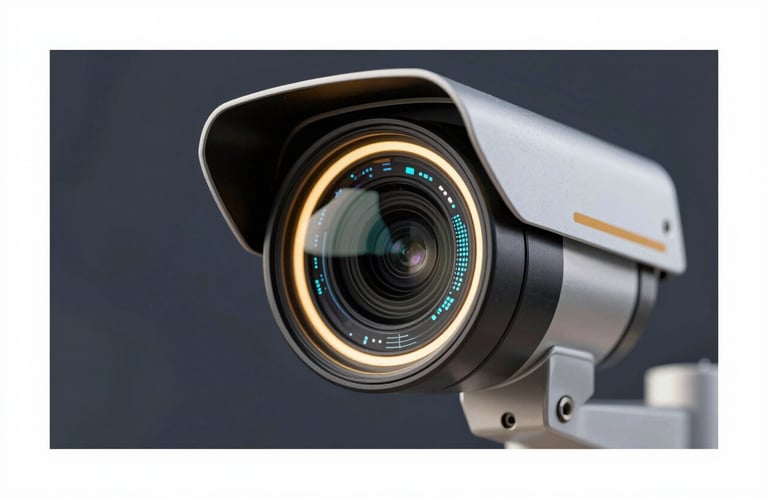 A close-up of a high-tech security camera lens with a golden ring light, reflecting a futuristic digital interface. Background in #0A0A1A, accents in #B8A066.