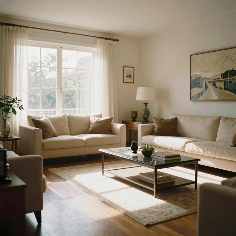 A warm, bright photograph of an elegant Brazilian living room with sunlight pouring in, reflecting a clean, upscale lifestyle, captured on professional 35mm film.