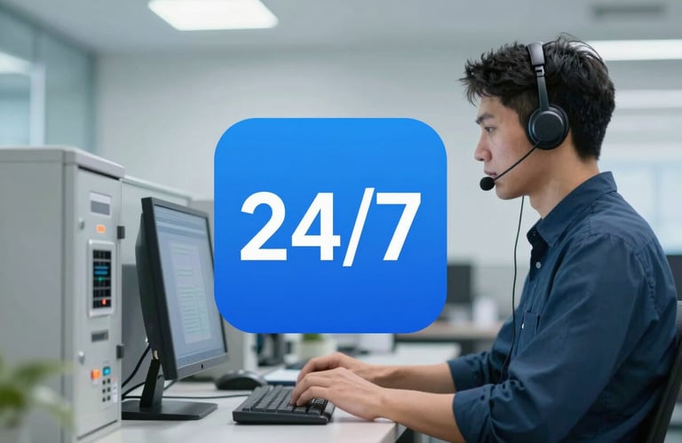 A 24/7 technical support icon or scene with a technician working on a security panel, clean professional lighting, #4F739D primary color scheme.