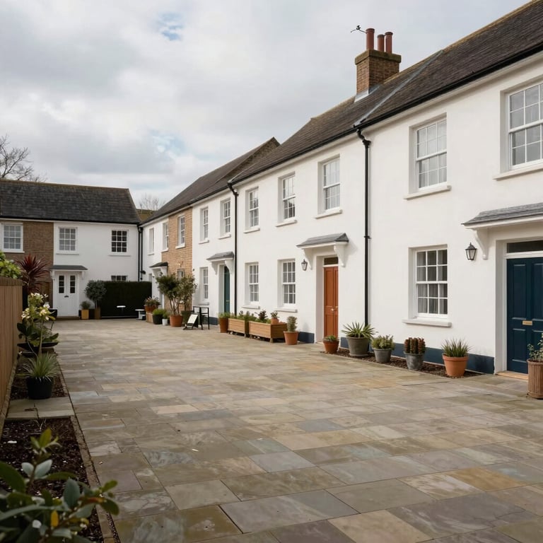 A wide-angle photography shot of a perfectly maintained residential courtyard in the United Kingdom, highlighting clean architecture.