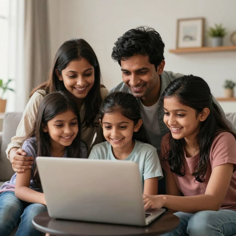 A happy South Asian family sitting in their bright, modern living room, looking at a laptop together and smiling, conveying financial security.