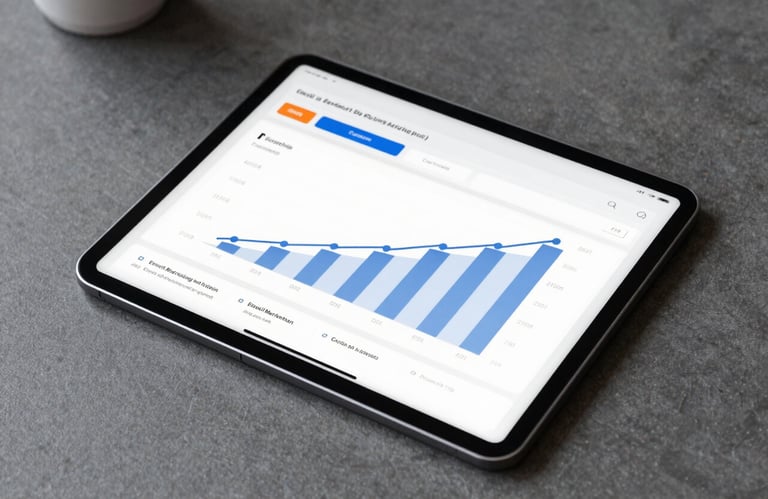 A sleek digital tablet resting on a charcoal grey desk, showing an analytics dashboard for an email marketing campaign with rising growth charts. Sharp focus, clean lighting.