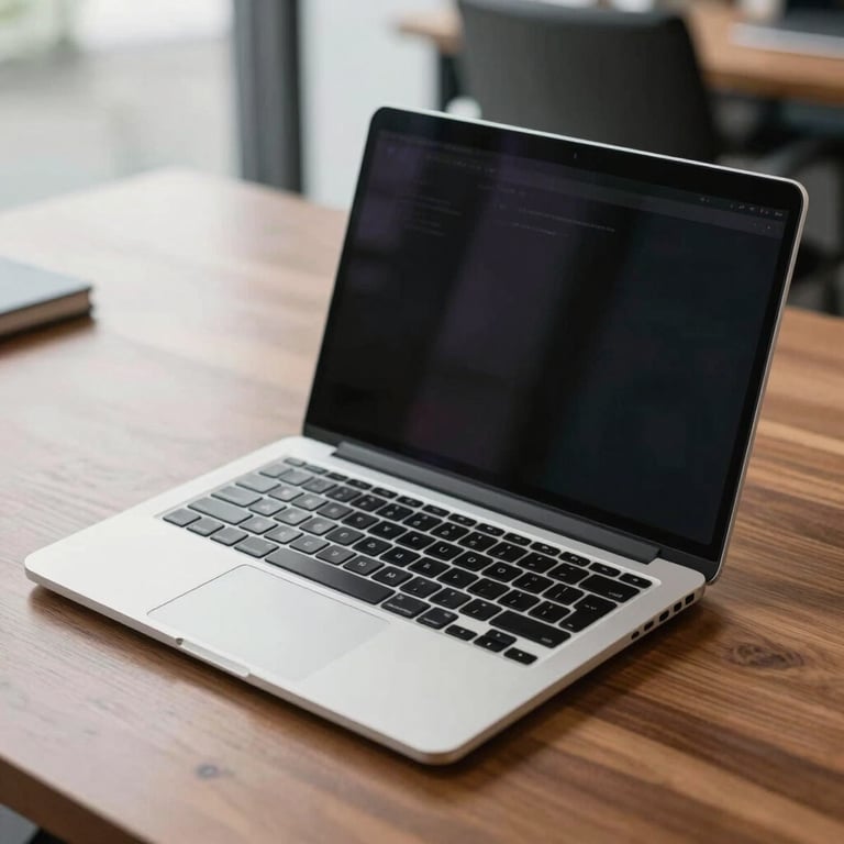 A detail shot of a high-end laptop on a polished wooden desk in a modern North American office, soft natural light, clean and professional setting.
