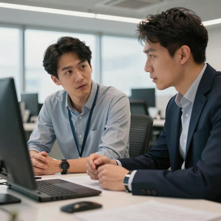A collaborative scene in a North American tech firm, two professionals discussing strategy over a clean table, bright and airy atmosphere.