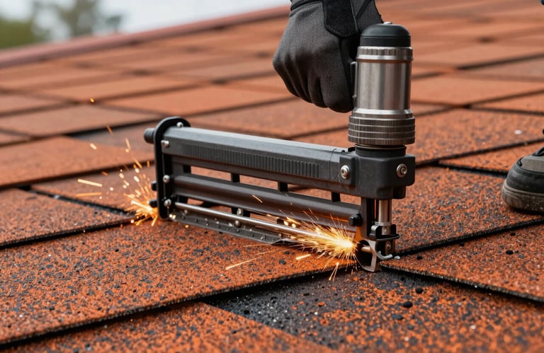 A low-angle dynamic shot of a roofing nailer being used to secure a burnt orange asphalt shingle, sparks of focus and industrial grit.