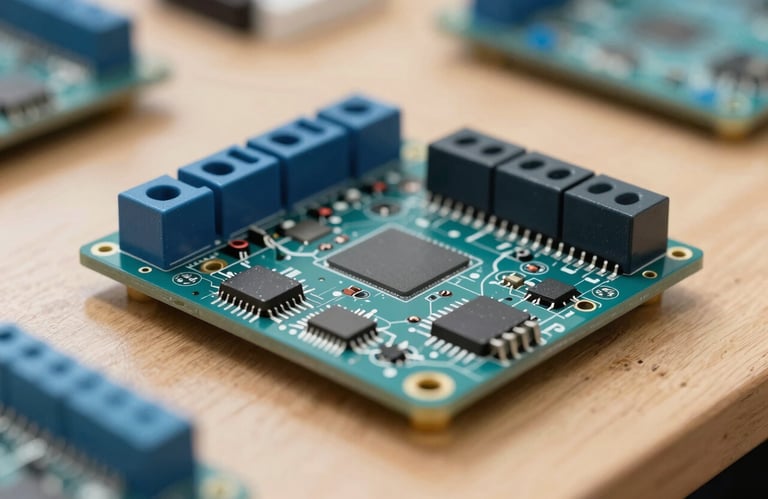 Close-up of high-quality electronic components and a micro-controller on a wooden workshop desk in a Spanish classroom. Soft professional lighting, incorporating light blue colors.
