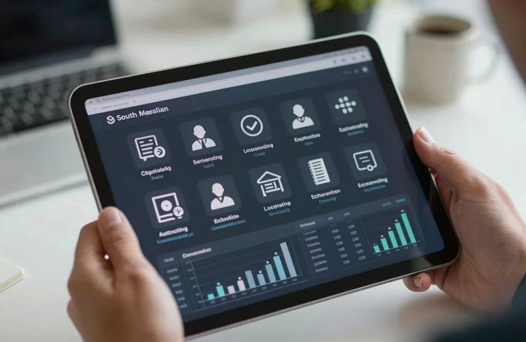 A close-up of a digital tablet displaying clear, professional service icons and data graphs, held by hands in a professional South American office setting.
