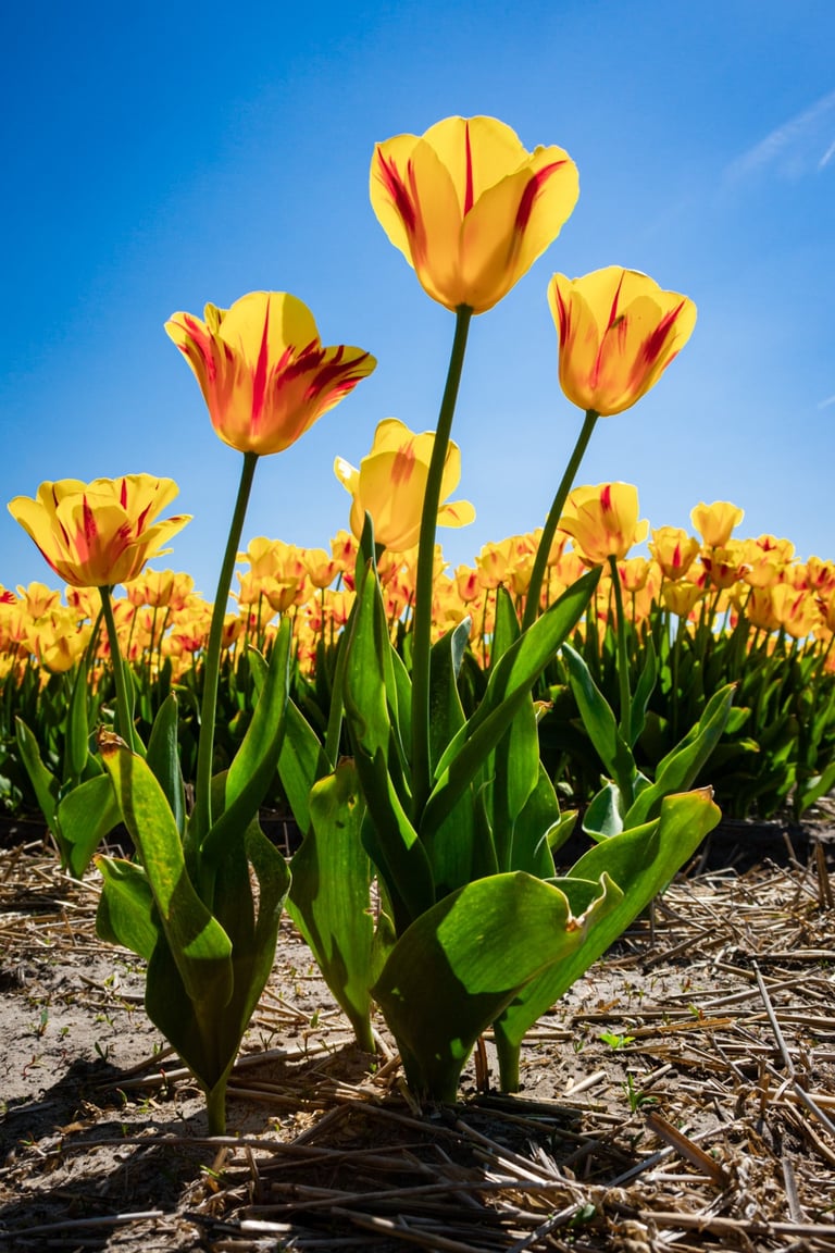 Yellow tulips illuminated by the midday sun