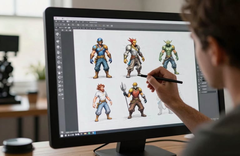 A creative professional in a North American / US studio sketching game character concepts on a digital screen, bathed in soft, professional natural lighting.