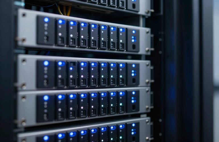 A macro photograph of high-tech server components with glowing light blue indicator lights in a climate-controlled North American / US facility, representing technical reliability.