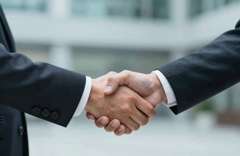 A professional handshake between two individuals in business suits, representing a successful partnership and trust. The background is a blurred corporate lobby with #9CC0D9 tones.