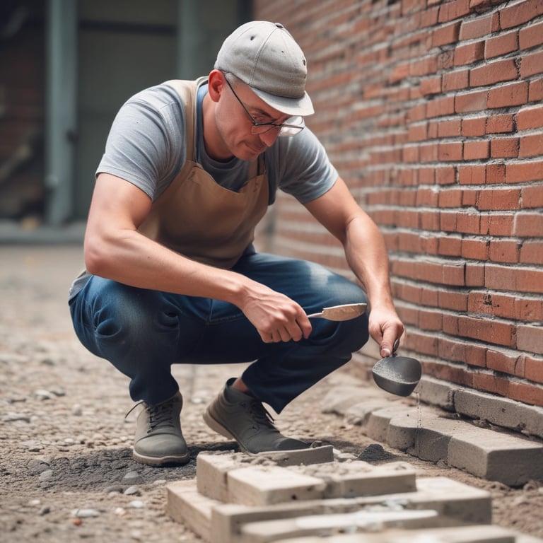 A mason laying bricks carefully on a sunny day at a home construction site.