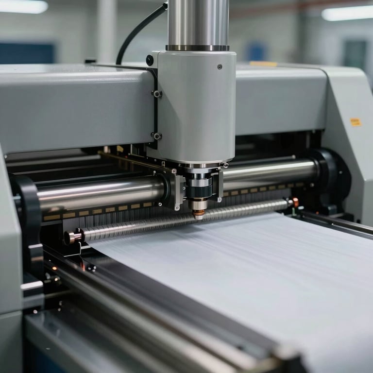 Close-up of a high-speed automatic fabric cutting machine in a high-end factory with metallic surfaces and soft industrial lighting.
