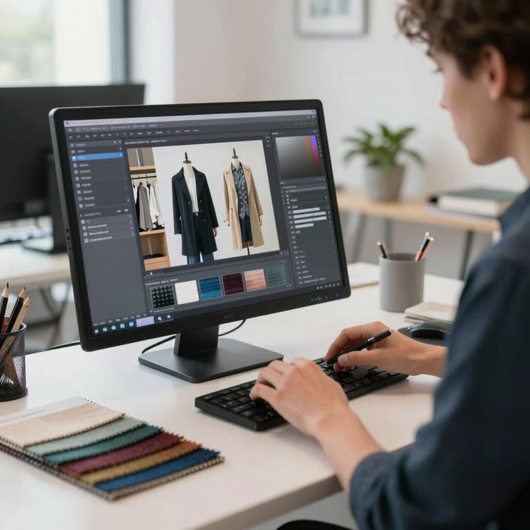 A professional garment designer working on a sleek digital interface in a bright, modern office with textile samples nearby.