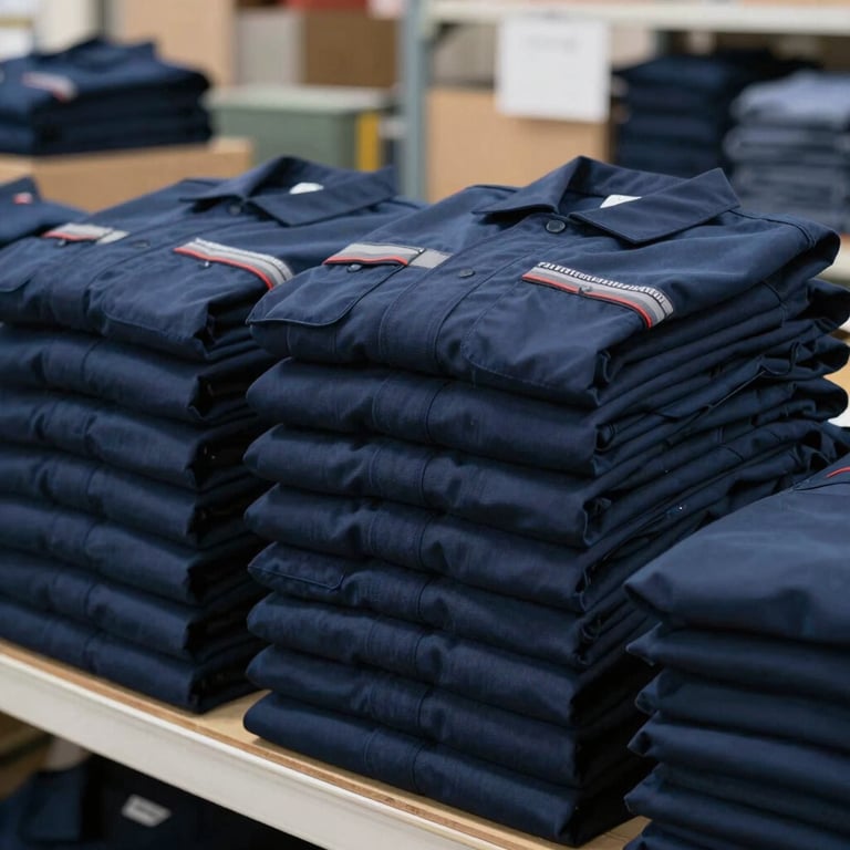 A tidy stack of finished navy blue workwear uniforms in a modern, organized distribution center, International / Western setting.