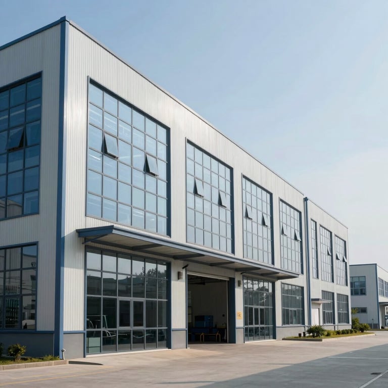 The exterior of a large, contemporary industrial manufacturing plant with glass windows and a clean, corporate facade under a clear sky.