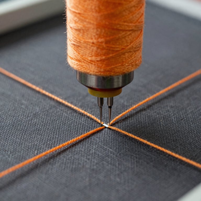 A macro shot of industrial needles stitching heavy-duty orange thread through dark grey canvas, showcasing precision manufacturing.