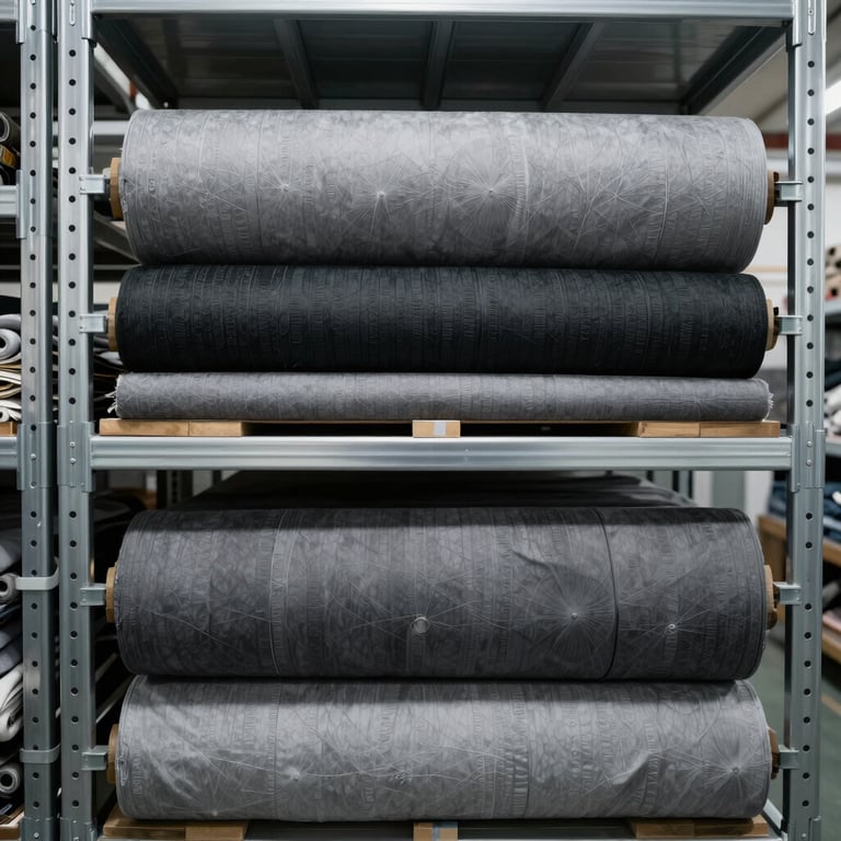 Rolls of premium grey and black textiles stored in a clean, temperature-controlled facility with modern steel racking.