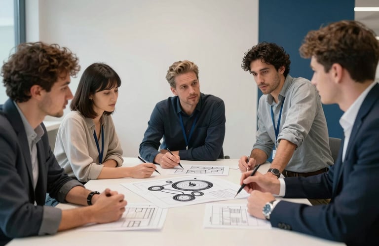 A group of professionals in a North American / International design firm reviewing a 3D prototype on a clean table, surrounded by a soft off-white and deep blue environment.