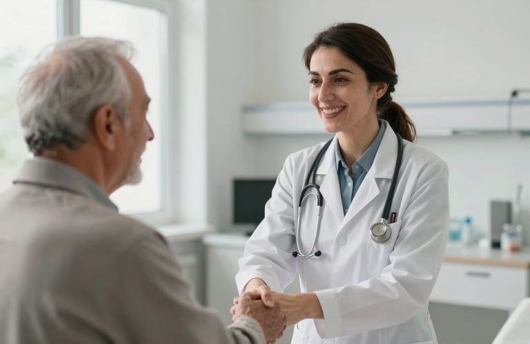 A Middle Eastern / Turkish female doctor smiling and shaking hands with an elderly patient in a bright, modern hospital room, warm and reassuring atmosphere.