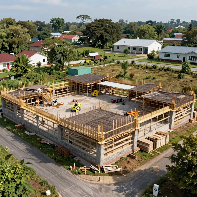 A bird's eye view of a clean, organized construction site in an urban setting with Steel Blue scaffolding and clear boundaries.