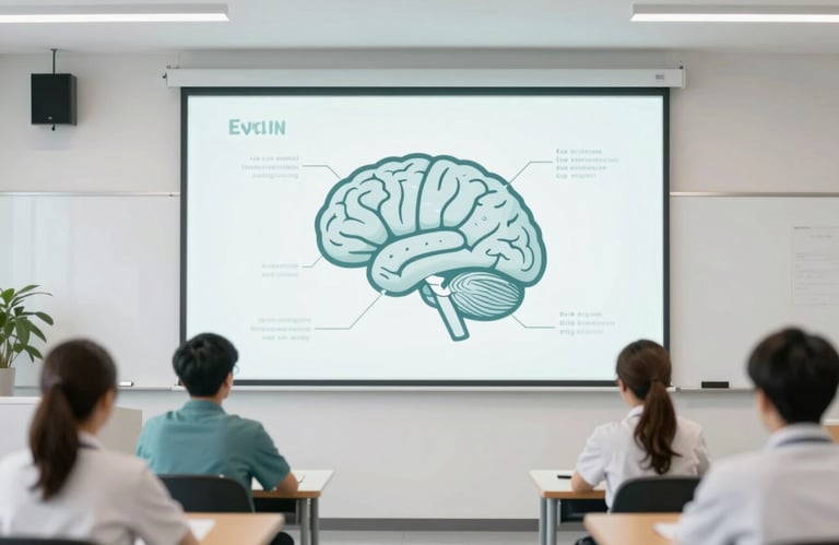A clean, modern classroom or lecture hall focused on healthcare training. Whiteboards feature diagrams of the human brain. Lighting is bright and scholarly. Subtle #9BB5CD accents.