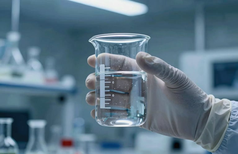 A gloved hand holding a scientific beaker of crystal clear water against a background of a high-tech laboratory, focused lighting, mist and deep blue palette, North American / International.