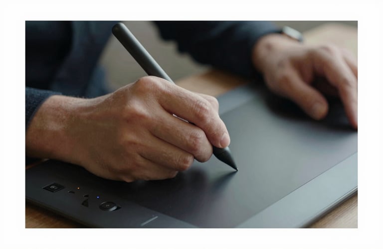 A close up of a designer's hand using a stylus on a high-tech drawing tablet, focusing on professional precision and artistic skill. Cool studio lighting.