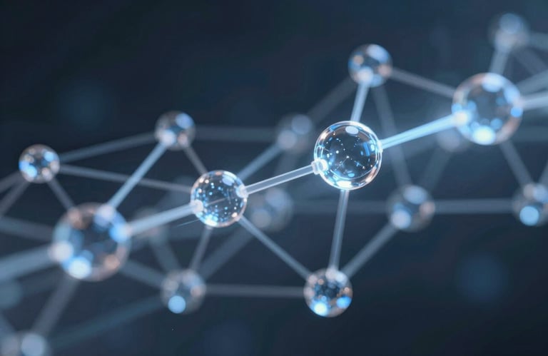 Abstract technological design showing interconnected glass nodes and light beams in #3A607C and #9DB2BF, symbolizing networking and digital presence.