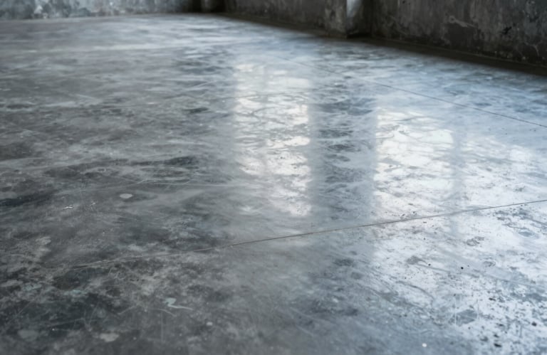 A close-up of a high-quality finished concrete floor in a modern South American / Brazilian building. The surface is smooth and reflects silver-grey and dark charcoal blue tones from the industrial interior.