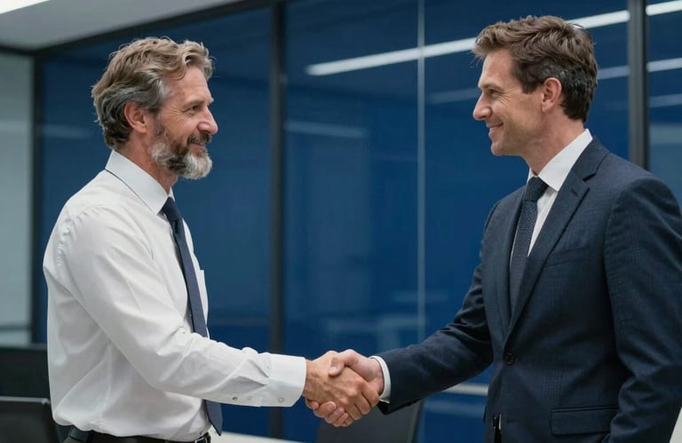 A professional photograph of two business partners in a Western European / Dutch corporate setting, shaking hands. The atmosphere is trustworthy and professional, with a background featuring deep navy blue glass walls.