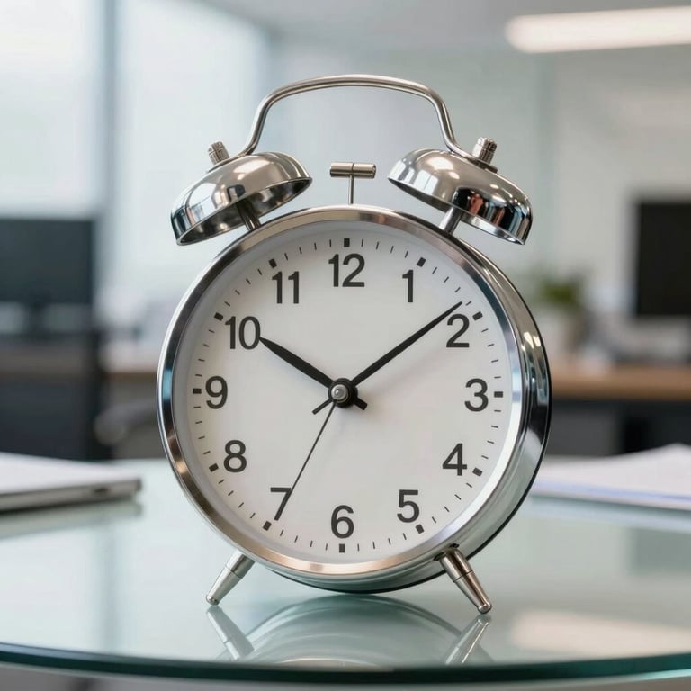 A professional close-up photography of a clock on a glass table in a bright modern office, symbolizing speed and efficiency.