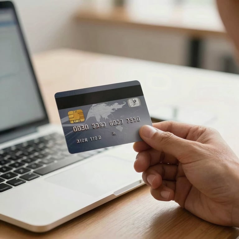 A close-up of a hand holding a credit card next to a laptop, professional payment environment, warm bright indoor lighting in a business setting.