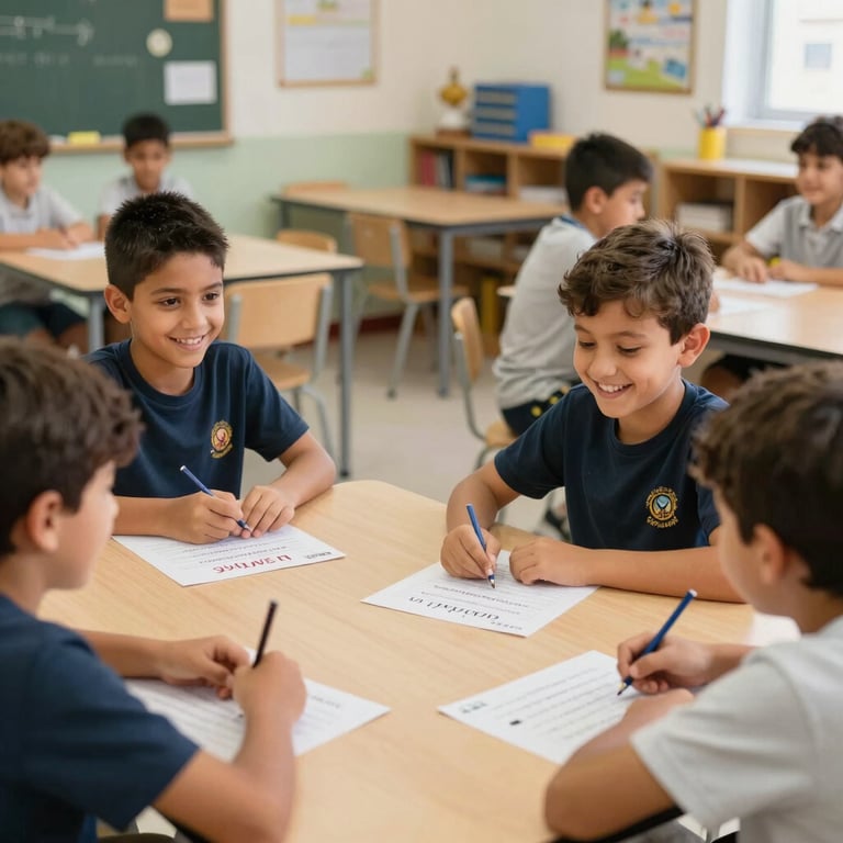 Young students smiling while participating in interactive language games in a cheerful academy room in Canary Islands, Spain.